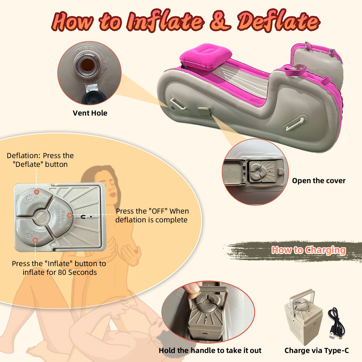 Inflatable Sex Sofa with Positioning Pillow for G Spot Position Aid Sex Auxiliary Adult Games with Automatic Air Pump for BDSM Games, Couple Sex Toys Chair for Sex Fun, Pink