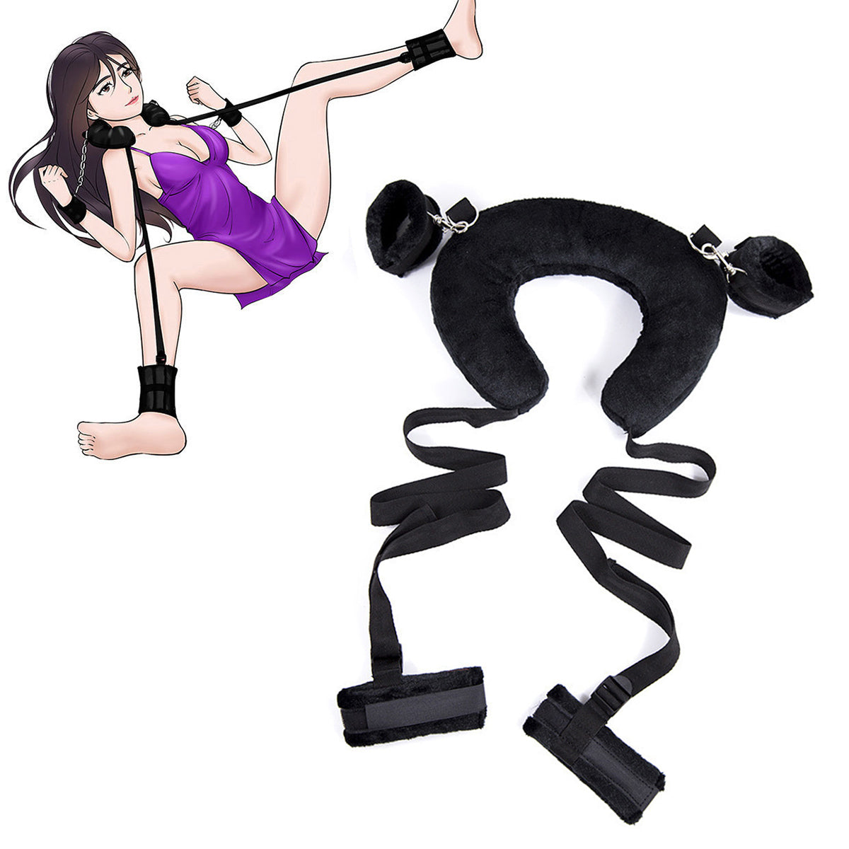 Yocare BDSM Toys Sex Bondage Pillow Restraints Set, Couples Bed Restraints with Adjustable Plush Handcuffs and Leg Straps Cuffs, Black